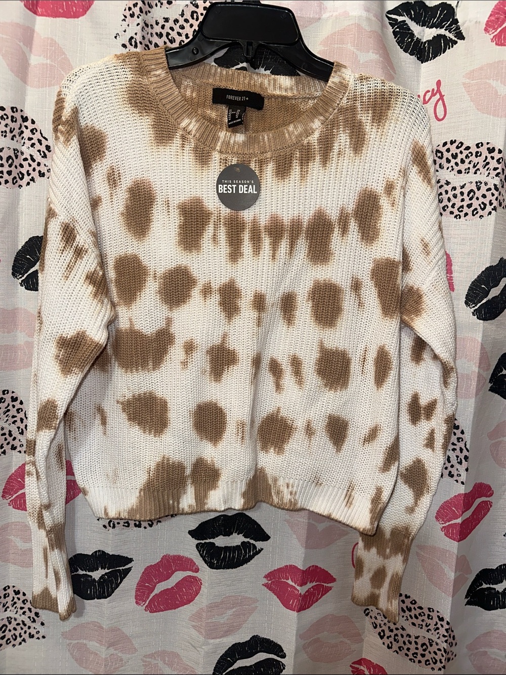 Forever 21 Cream and Brown Tie-Dye Knit Crewneck Sweater